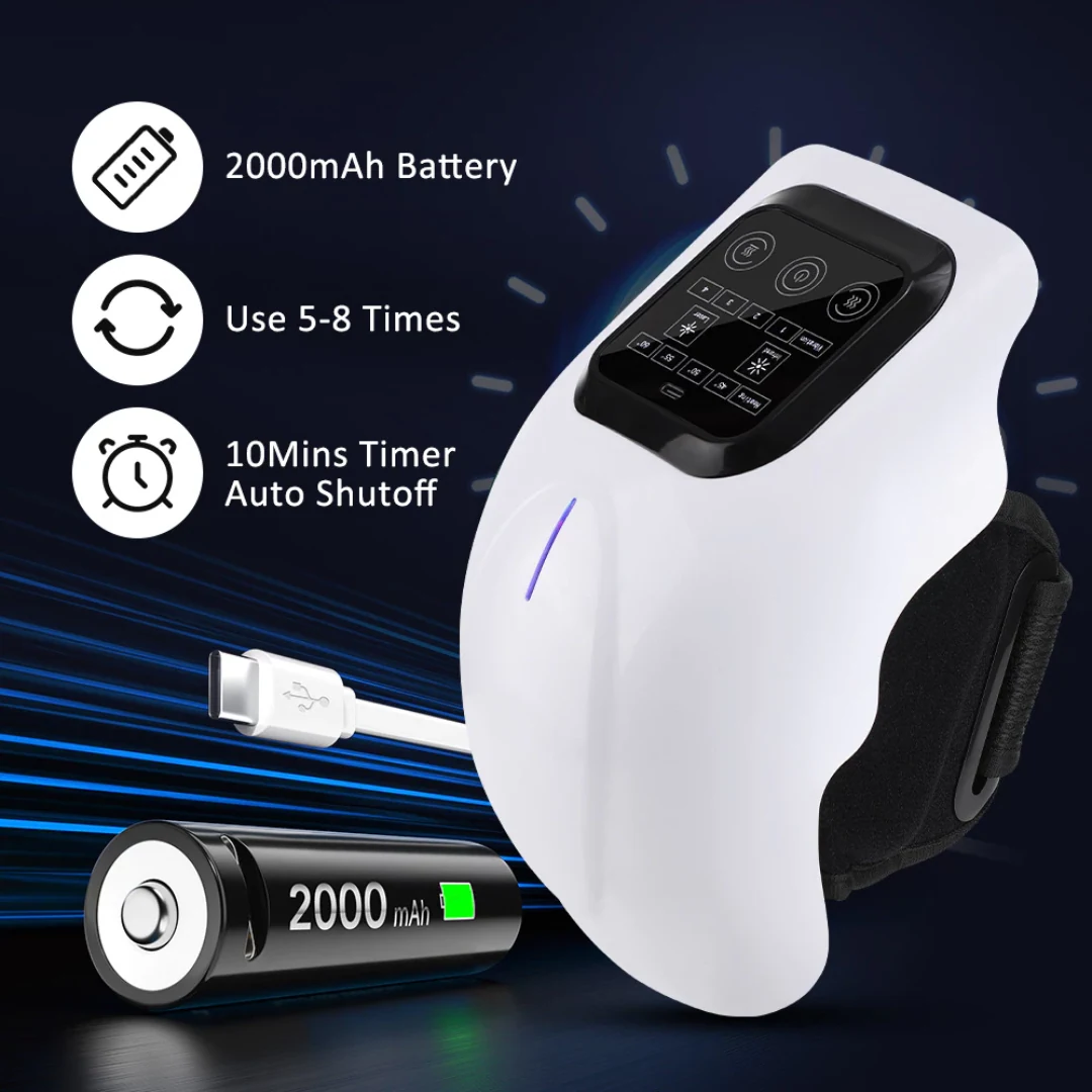Massageador de joelhos, bateria de 2000 mAh e indicação de 5 a 8 usos por carga e timer de 10 minutos